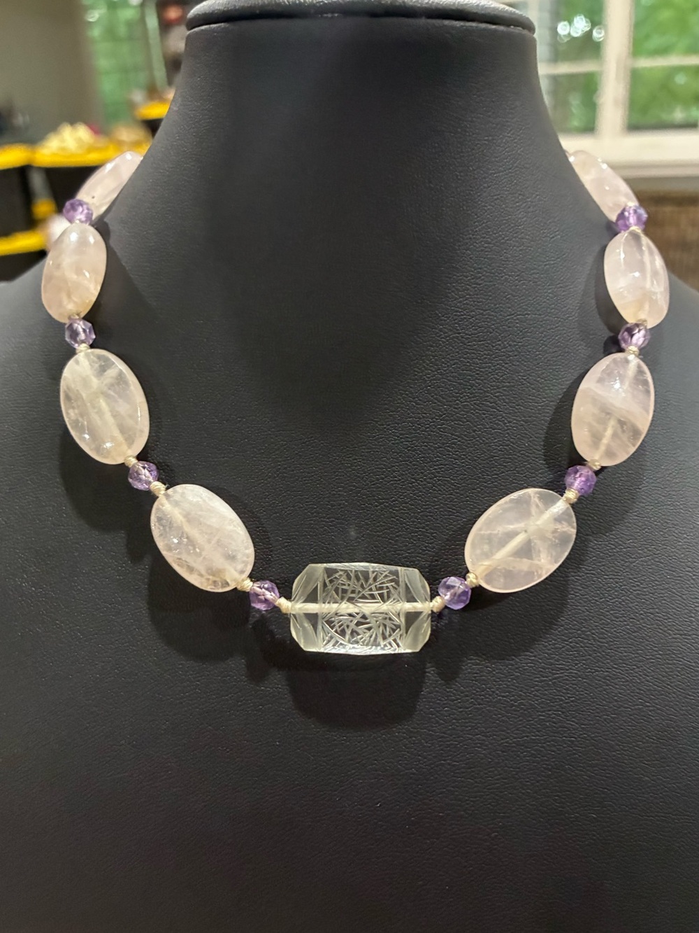 Antique Art Deco Chinese Export Rock Crystal, Rose Quartz & Amethyst Necklace